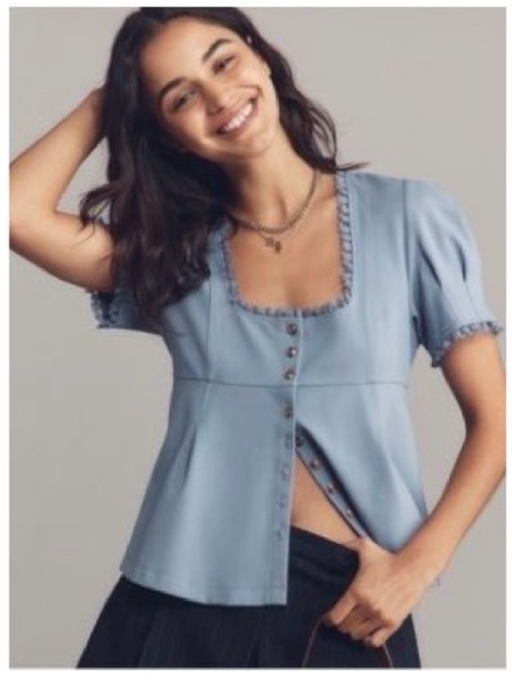 Anthropologie / Maeve Dusty Blue Square-Neck Button Front Blouse NWT